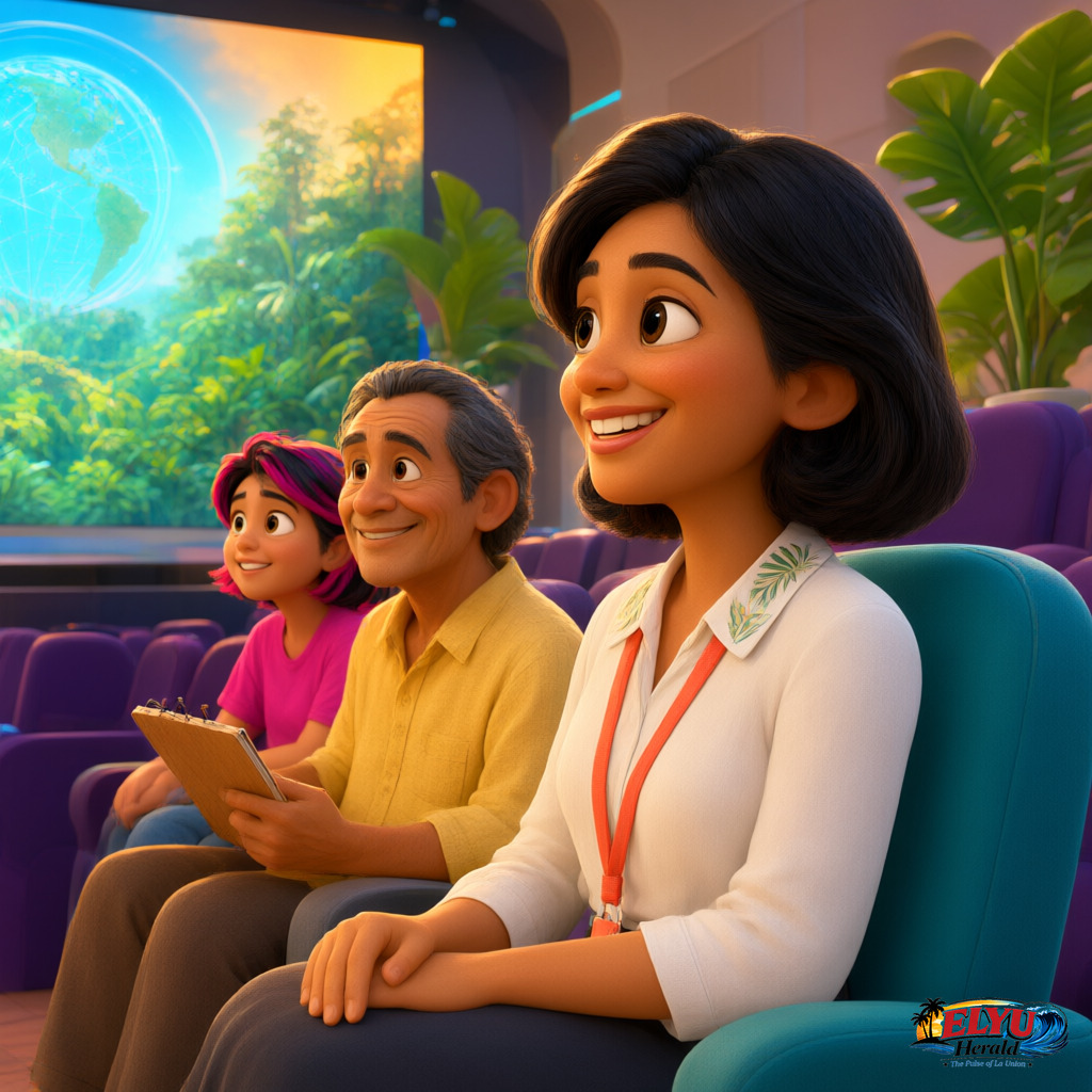 An illustration of tourism officers, local artists, and students sit in a modern convention hall in San Fernando, La Union, watching a presentation about digital ecotourism on a large stage screen.