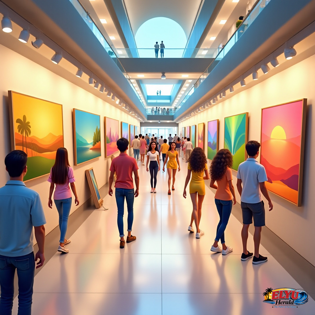 An illustration of a brightly lit art gallery inside a modern shopping mall, featuring colorful paintings on display stands with visitors viewing the artwork.