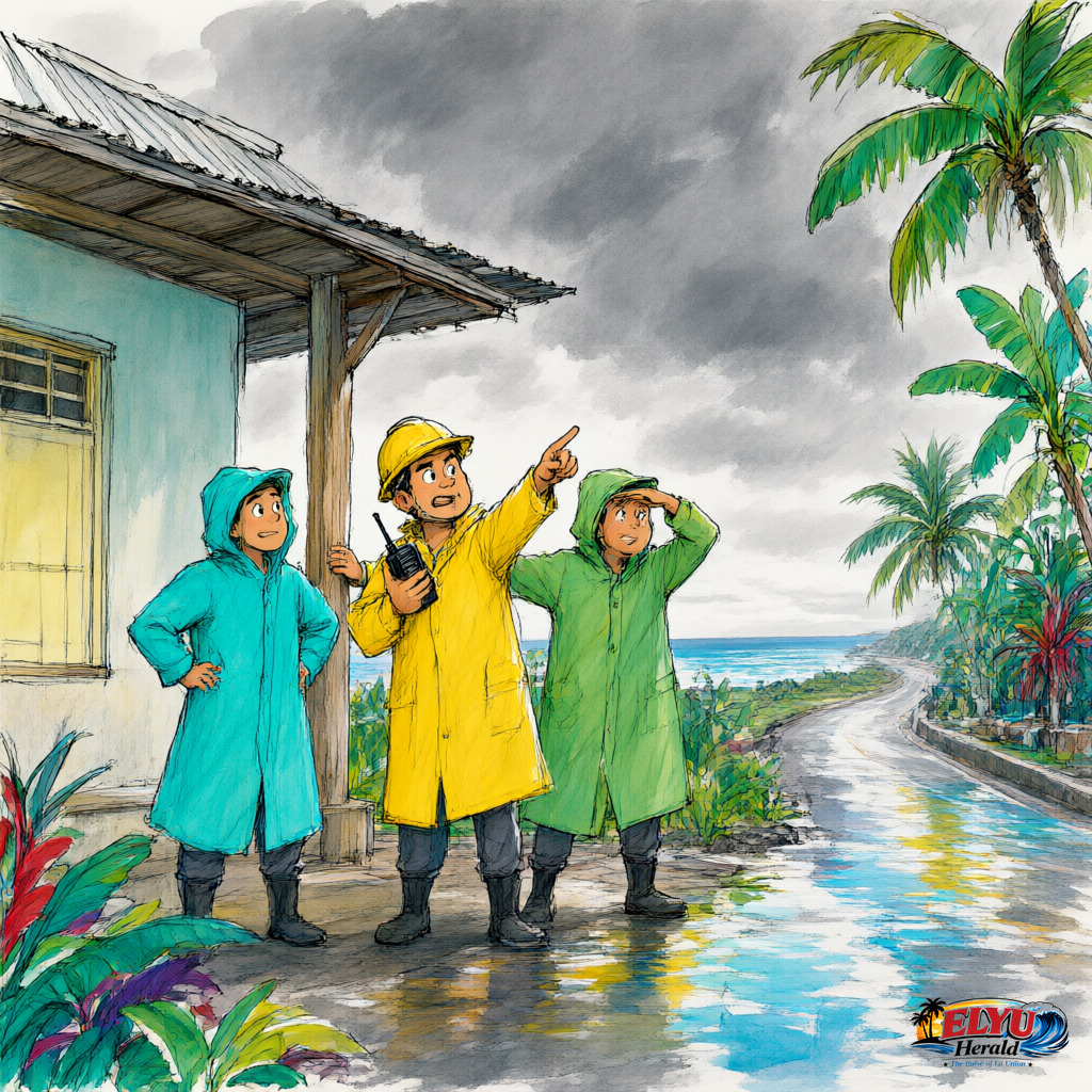 An illustration of local disaster response officers in raincoats stand near a barangay hall in La Union