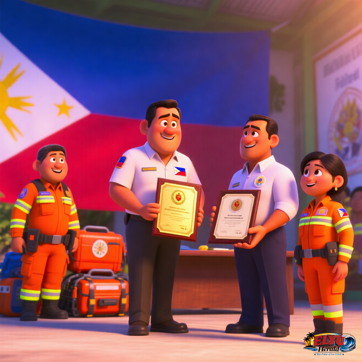 An illustration of local government representatives receiving emergency response training equipment and award plaques representing disaster readiness and community safety.