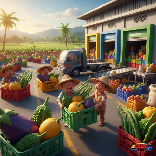 An illustration of farmers organizing agricultural produce at a trading hub