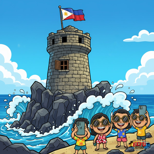 An illustration of the restored Baluarte Watchtower standing on the rocky coast of Luna.