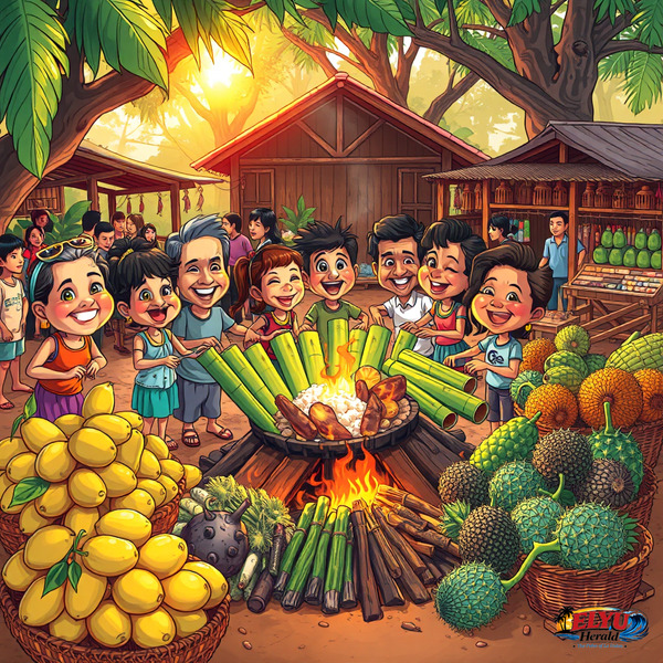 An illustration of bamboo tubes being cooked over an open fire