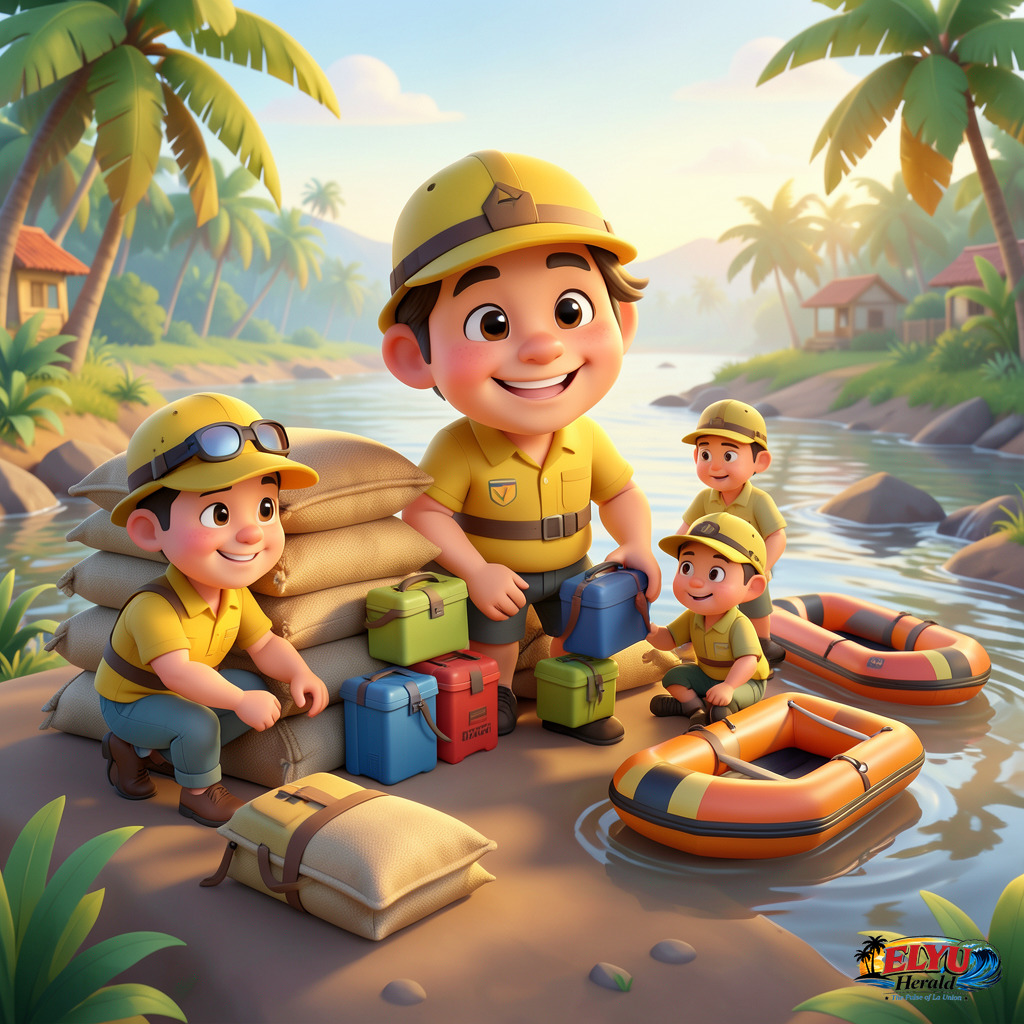 An illustration of disaster response workers organize stacked rice sacks, relief kits, and inflatable rescue boats prepared for deployment near a swollen riverbank.