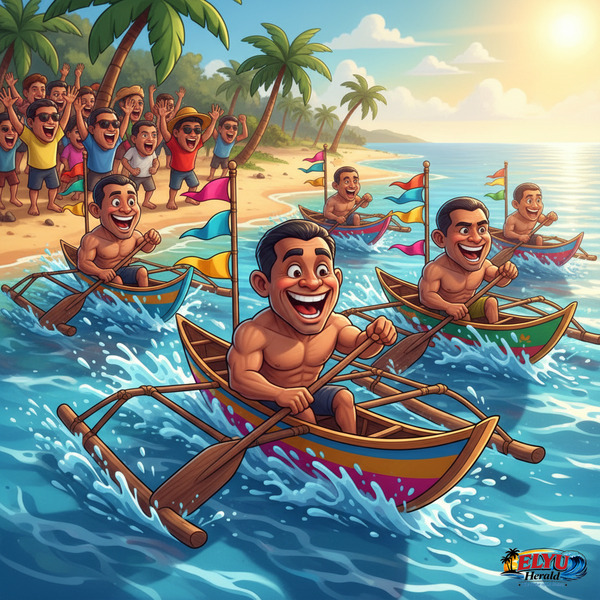 An illustration of fisherfolk racing decorated boats