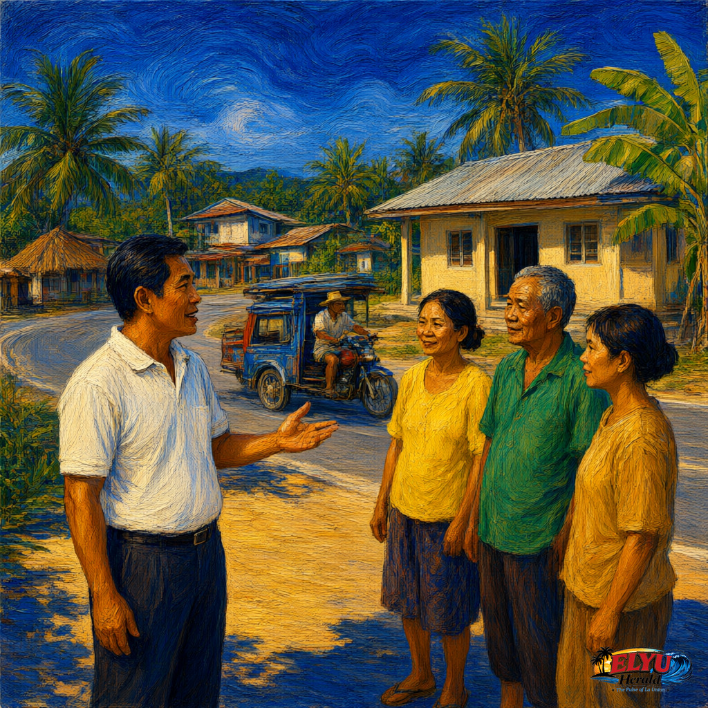 An illustration of a local barangay captain talks with residents outside a barangay hall in La Union while a tricycle passes by on the paved road.