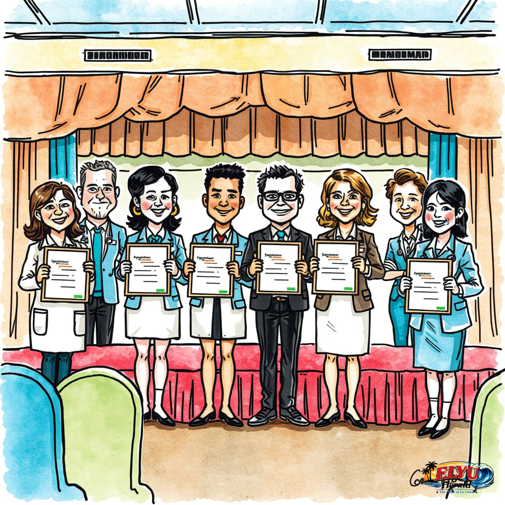 An illustration of healthcare workers in professional attire receive framed award certificates on a decorated stage inside a convention center in San Fernando City, La Union.