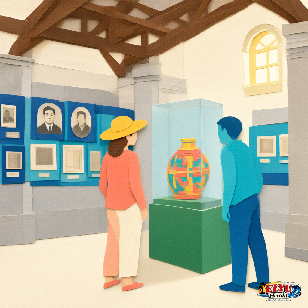 An illustration of visitors walk through the exhibition hall of a restored 1916 wooden and concrete school building in Binalonan, viewing historical portraits and local artifacts displayed on the walls and in glass cases.