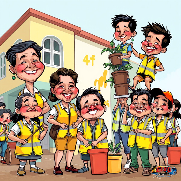 An illustration of students and volunteers preparing schools