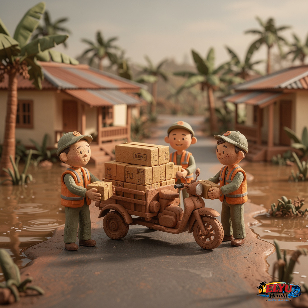 An illustration of local disaster response workers in orange vests load boxes of relief supplies onto a motorized tricycle on a partially flooded street in Bugallon, Pangasinan, with residential houses and banana trees in the background.