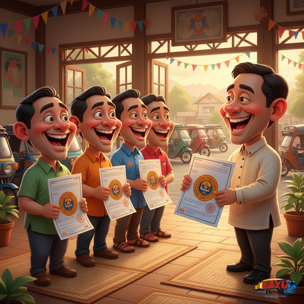 An illustration of tricycle drivers receiving financial aid