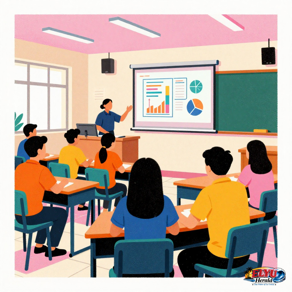 An illustration of cooperative representatives sit at wooden desks inside a classroom at Bauang North Central School while speakers present financial guidelines on a projector screen.