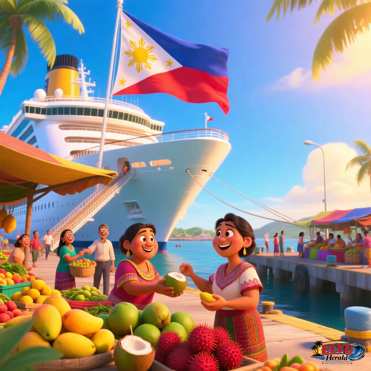 An illustration of a large cruise ship docked at a modern seaport terminal where local vendors present fresh regional produce to visiting international passengers.