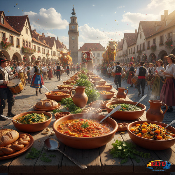 An illustration of a display of various vegetable-based dishes during the Agoo festival.