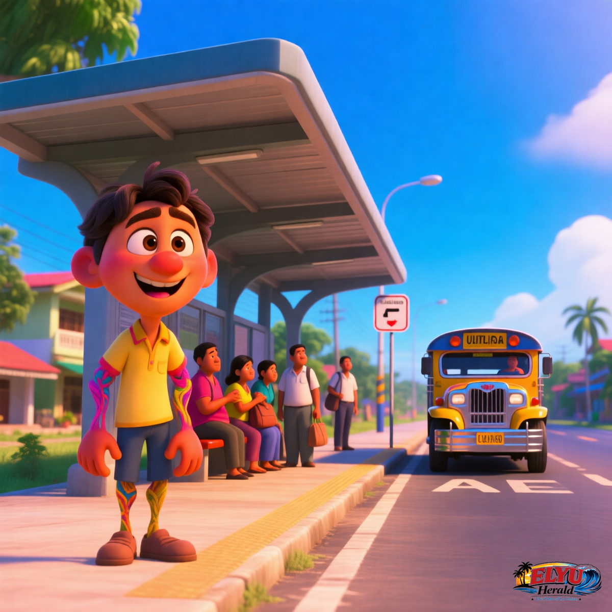 An illustration of commuters wait under a modern covered passenger shed along a town road while a public utility jeepney safely stops at the designated loading zone.