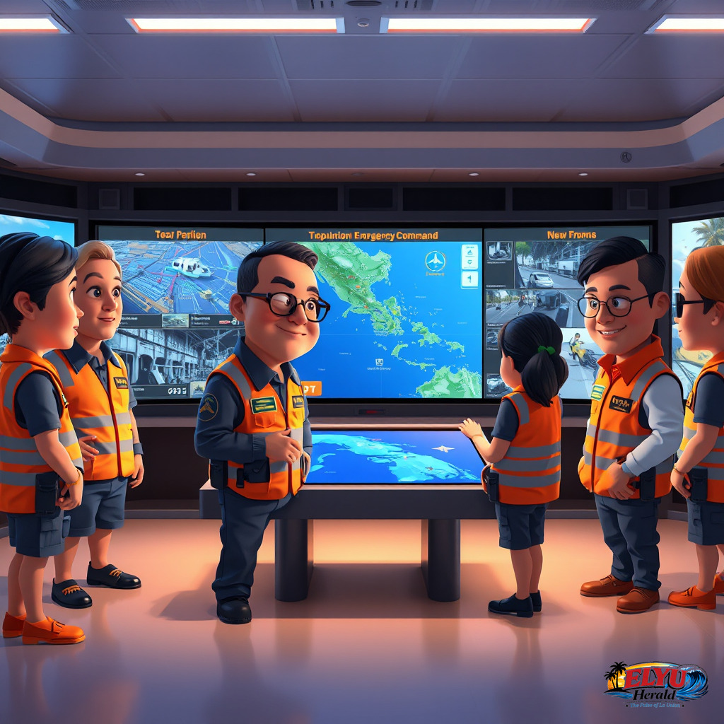 Emergency command center in La Union with officials around a large map showing flood-prone areas, storm-tracking screens, and ready relief supplies.