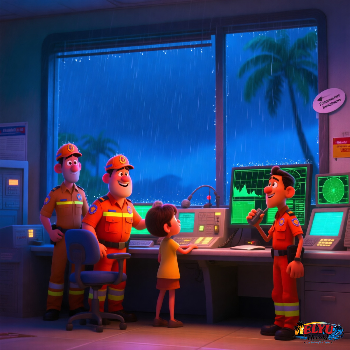 An illustration of disaster response officials operate emergency communication consoles and monitor rainfall radar displays inside a regional control center while heavy rain pours outside.