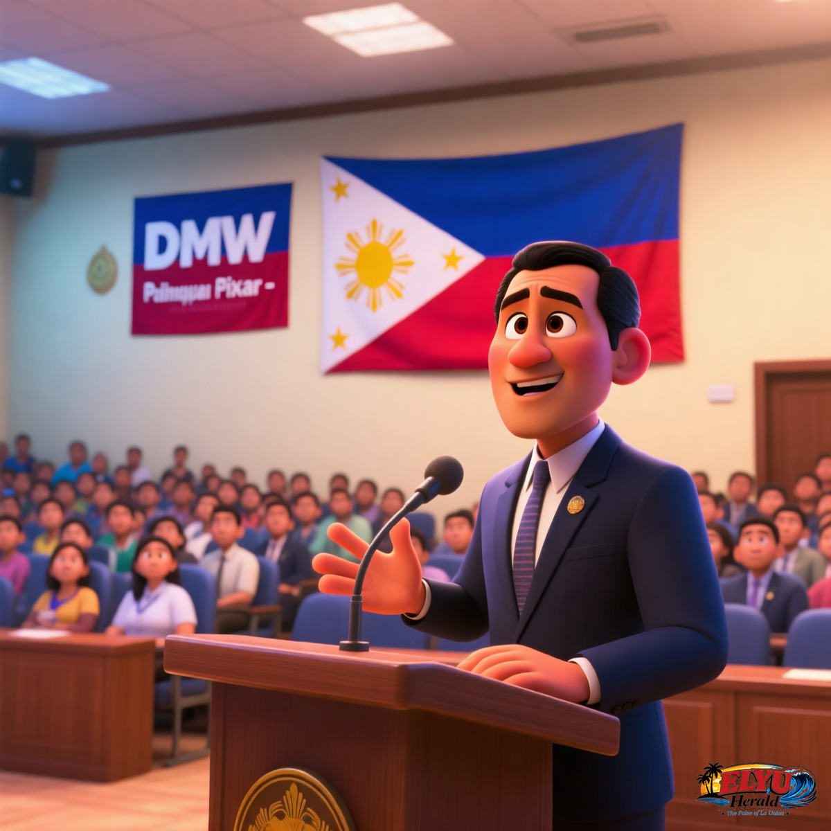 An illustration of an official from the Department of Migrant Workers speaks to prospective overseas workers during an anti-trafficking awareness campaign.