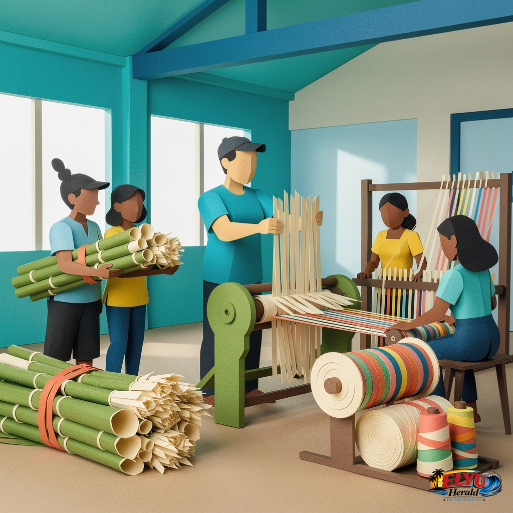 An illustration of local weavers and farmers in Vintar, Ilocos Norte operate handlooms and process raw bamboo fibers inside a bright, community-run yarn production facility.