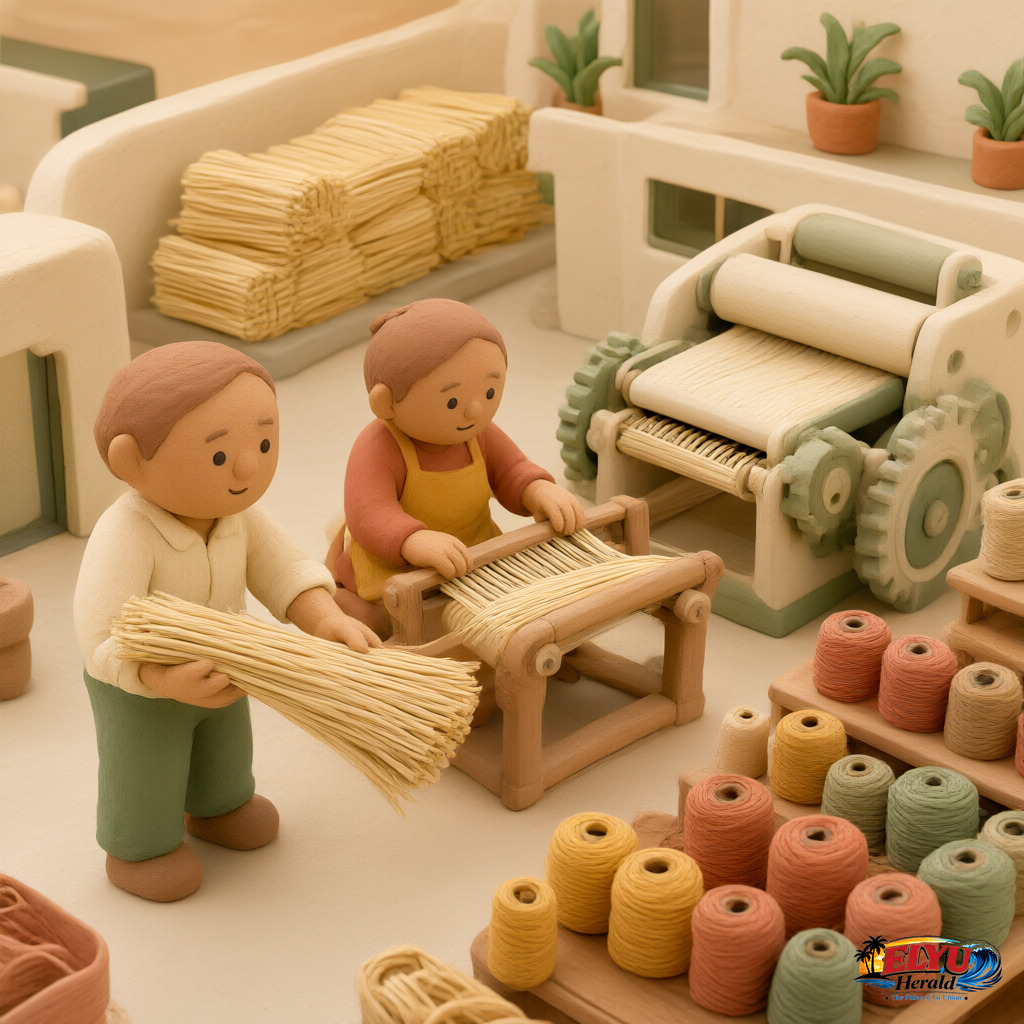An illustration of local weavers and farmers in Vintar, Ilocos Norte operate handlooms and process raw bamboo fibers inside a bright, community-run yarn production facility.