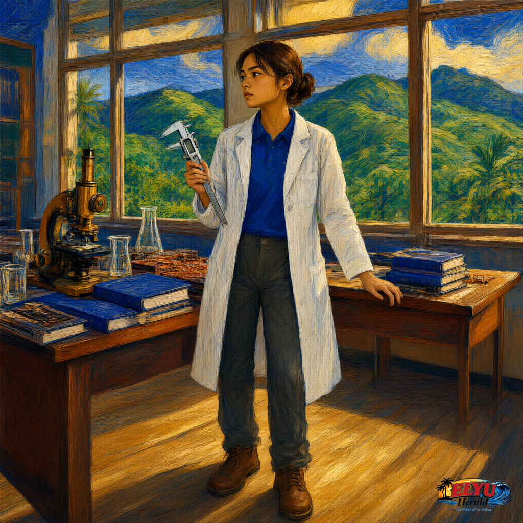 An illustration of a Filipino college student in a white laboratory gown inside a bright university classroom in La Union, with green hills visible through the window.