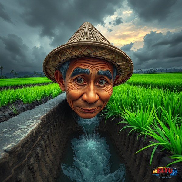 An illustration of a farmer inspecting a drainage canal in a green agricultural field.