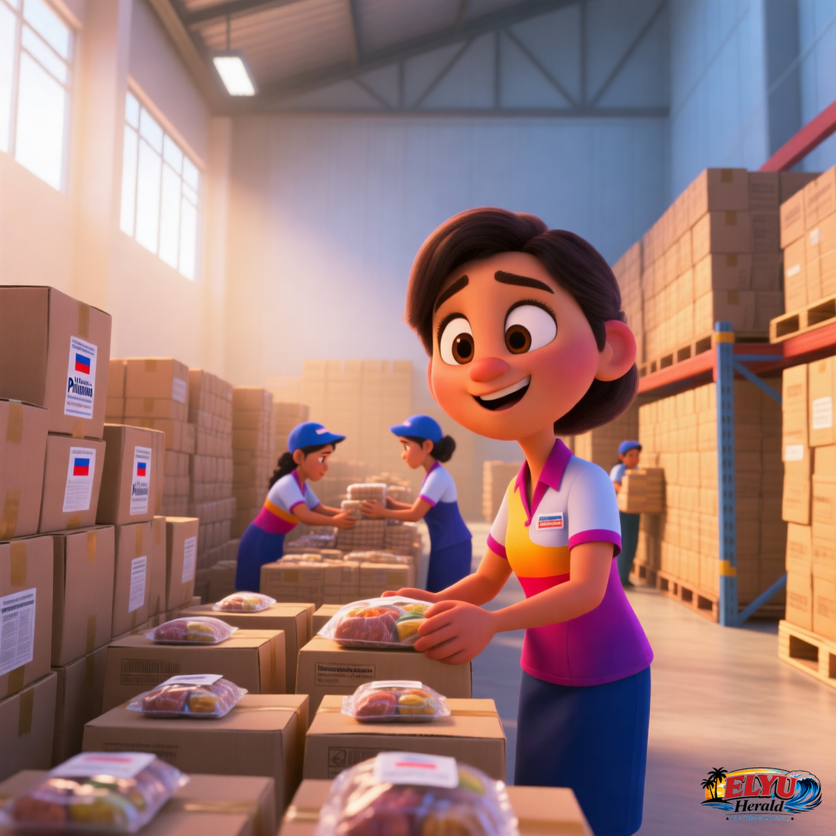 An illustration of stacked cardboard boxes of emergency family food packs and sealed relief kits organized neatly inside a clean distribution warehouse.