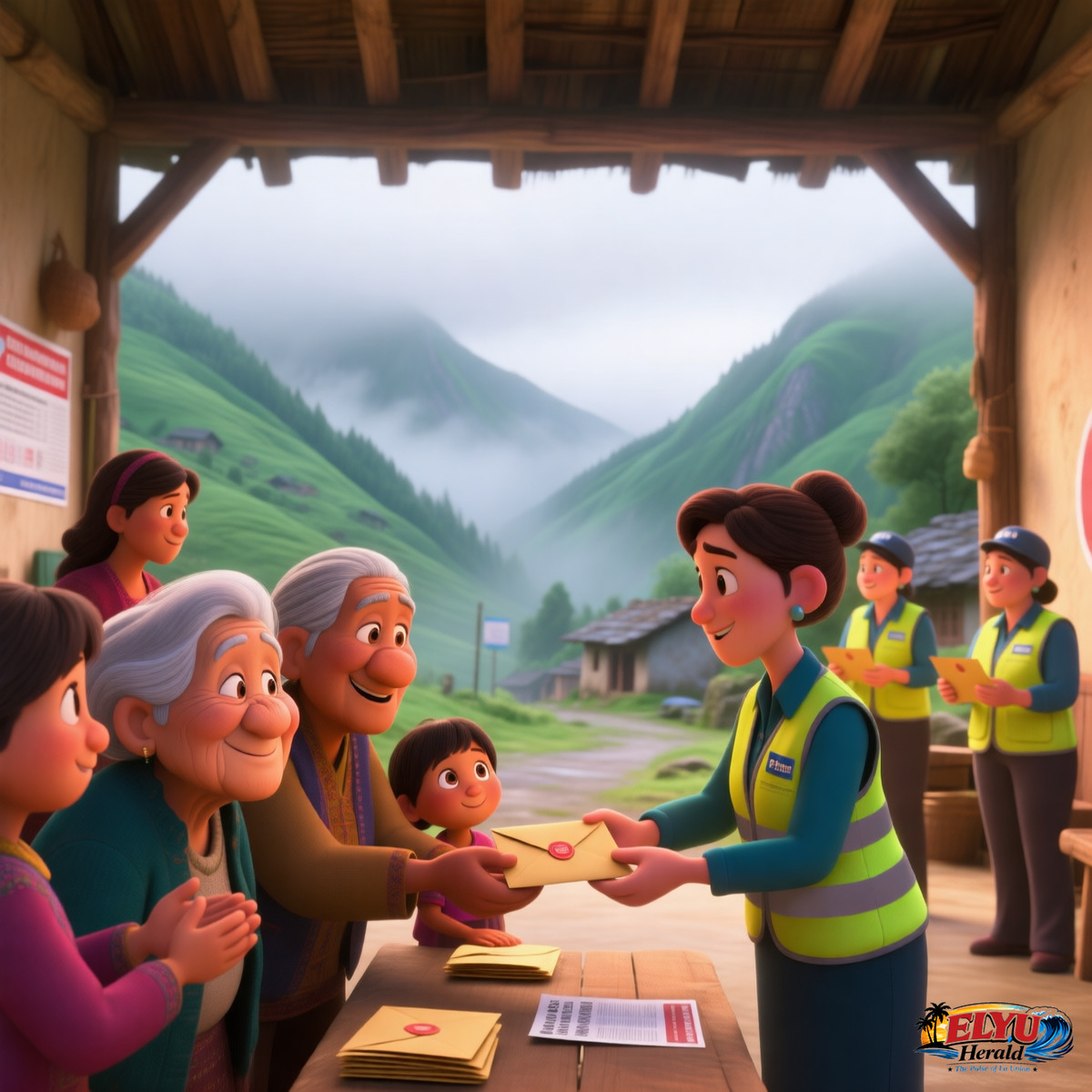 An illustration of residents gathered under a covered municipal hall in a mountainous rural town receiving official financial aid envelopes from social workers.