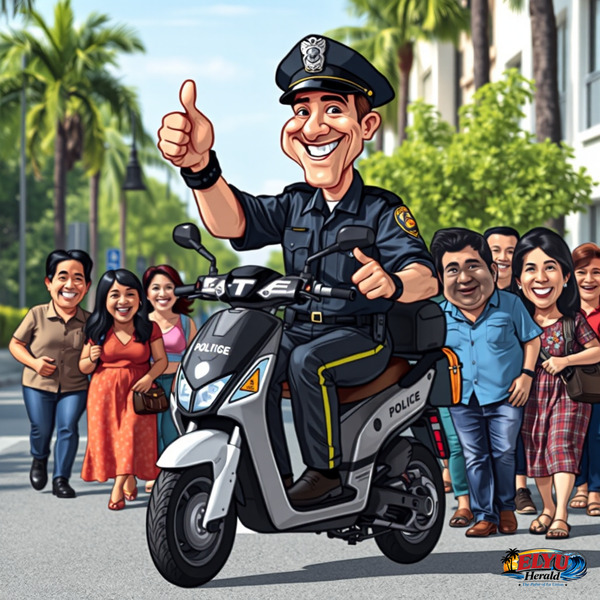 An illustration of police officer on an electric scooter patrolling a street in San Fernando City.