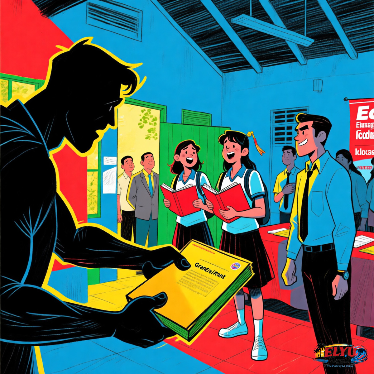 An illustration of graduating college students hold grant folders during a barangay financial aid distribution event inside a local community hall in Ilocos Sur.