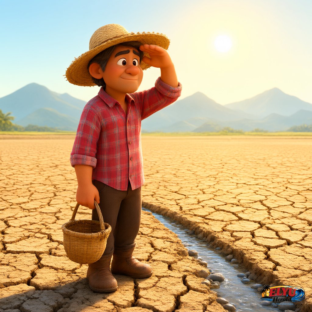 Illustration of a farmer against a dry patch of farmland