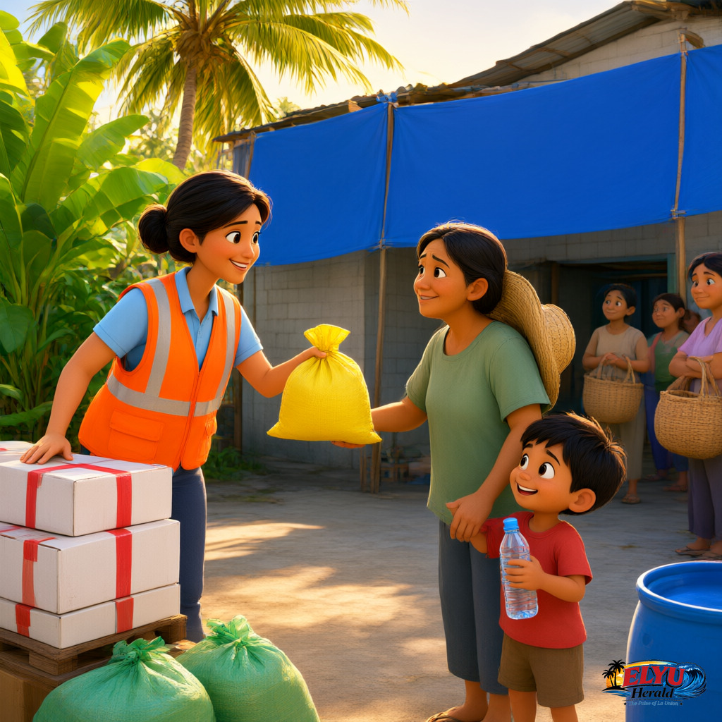 An illustration of emergency response workers in high-visibility vests hand out relief supplies to displaced residents near a temporary municipal shelter.