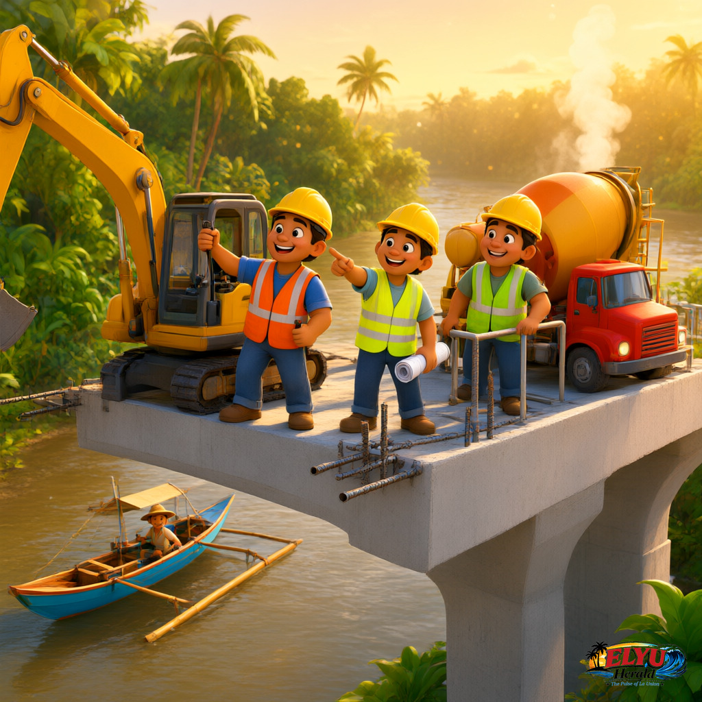 An illustration of construction workers and heavy machinery operating on a partially built concrete bridge spanning across a wide rural river.