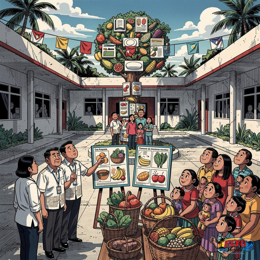 An illustration of municipal officials and community health workers gather at the newly opened Bacnotan Nutrition Center surrounded by health charts and local produce displays.