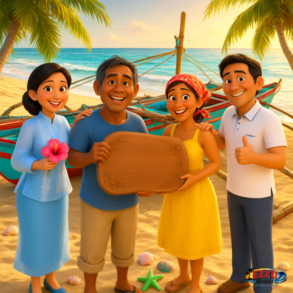 An illustration of local government officials and coastal fishers stand together on a sandy beach in La Union, holding wooden plaques of recognition near traditional outrigger fishing boats.