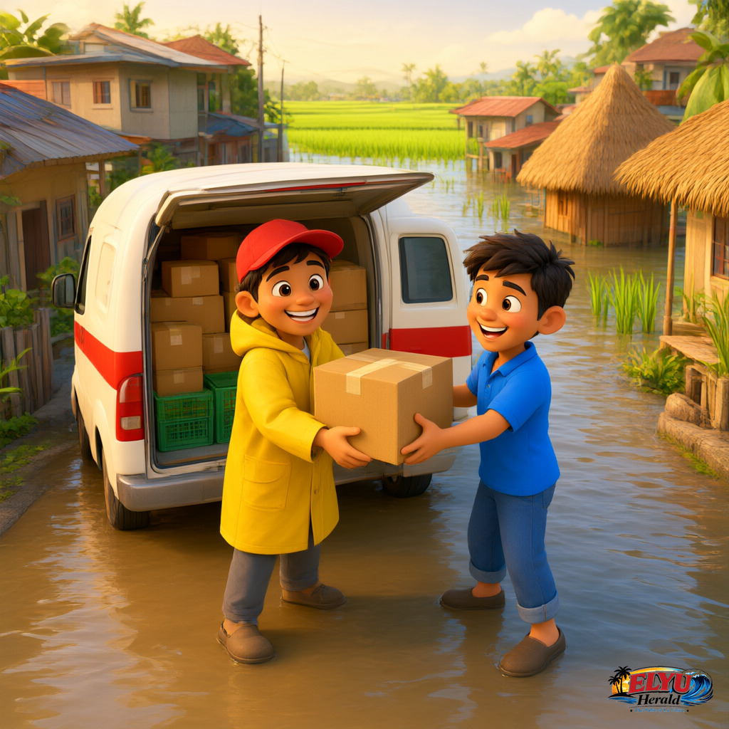 An illustration of relief workers unload food supply boxes from an official vehicle on a flooded street surrounded by submerged farm fields and residential homes.