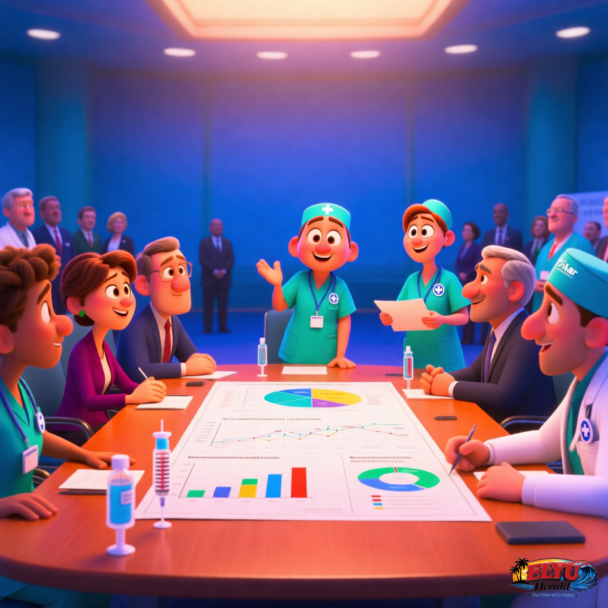 An illustration of healthcare workers and international delegates gathered inside a convention hall around a large planning table discussing vaccination deployment charts and medical monitoring protocols.