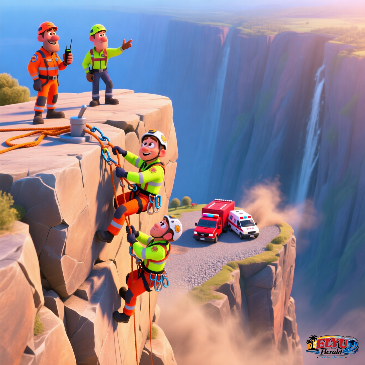 An illustration of rescue team conducting rope-and-harness training on a steep rocky slope with instructors observing and emergency vehicles parked nearby.