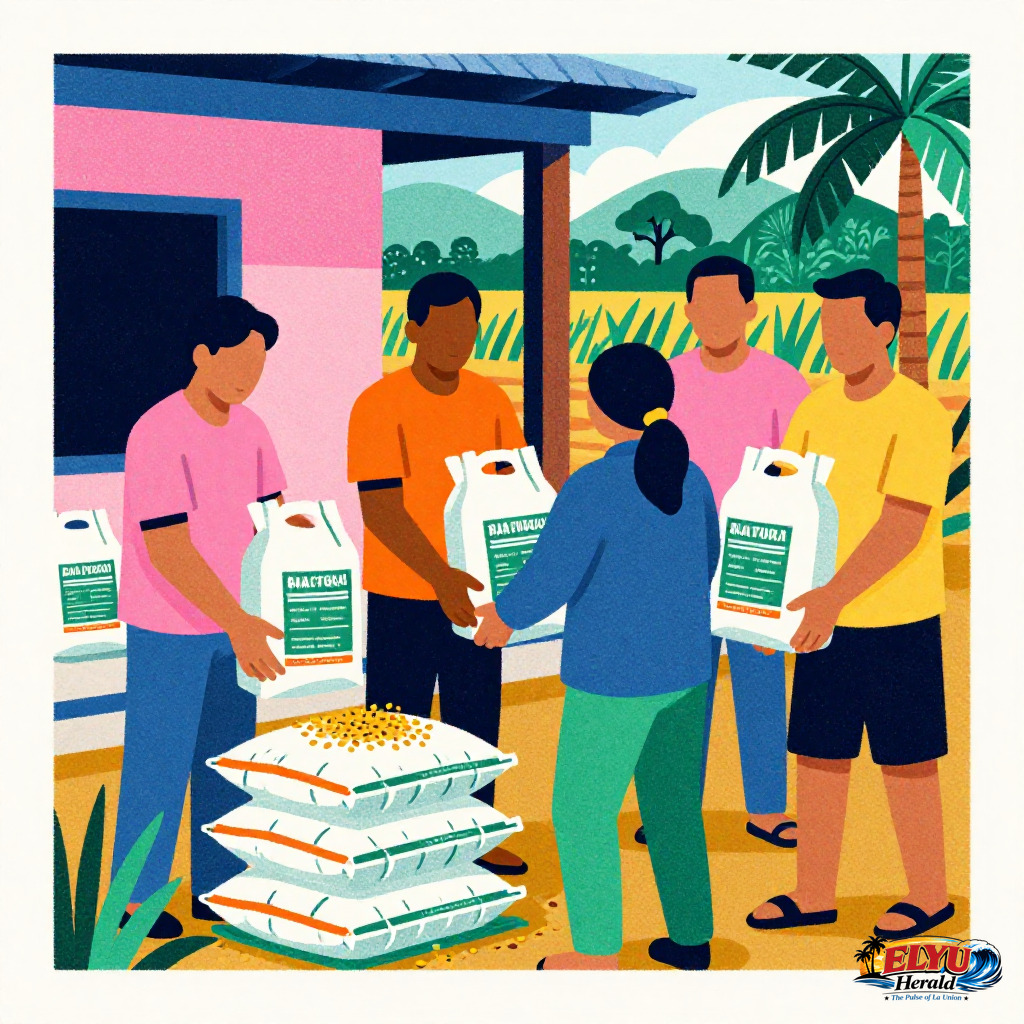 An illustration of provincial government workers hand out bags of fertilizer and hybrid rice seeds to local farmers outside a barangay hall in Laoag City.