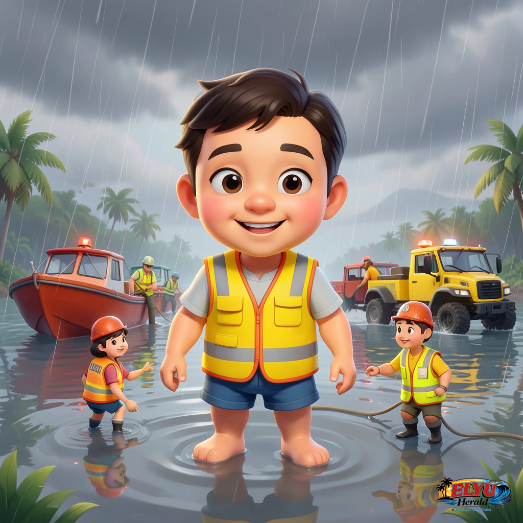 An illustration of emergency responders wearing high-visibility vests inspect water search-and-rescue boats and land vehicles under a grey, rain-filled sky.