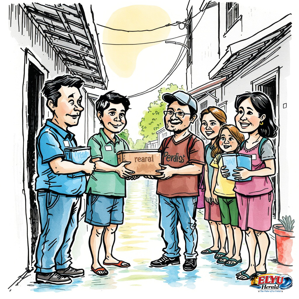 An illustration of local government workers hand over family food packs and blue hygiene kits to residents standing outside their homes in the flooded streets of Barangay San Julian Norte in Vigan City.
