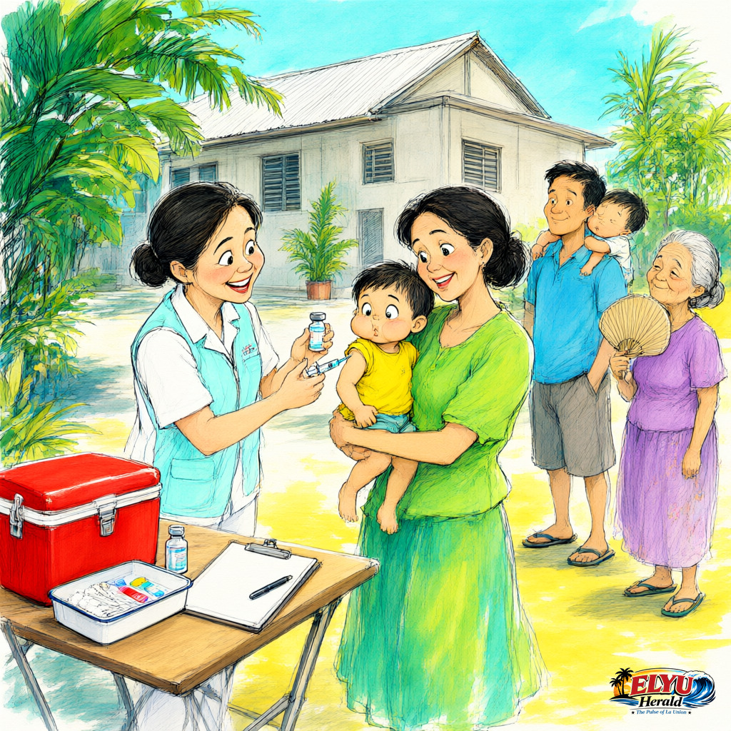 An illustration of a municipal health worker administers a vaccine dose to a toddler held by a mother at a temporary health station set up near a barangay hall in Bacnotan.