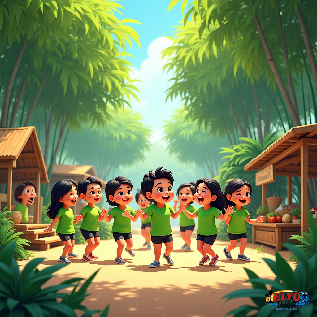 An illustration of a group event in Agoo Eco Park with participants engaging in cooperative activities like Zumba and clean-up.