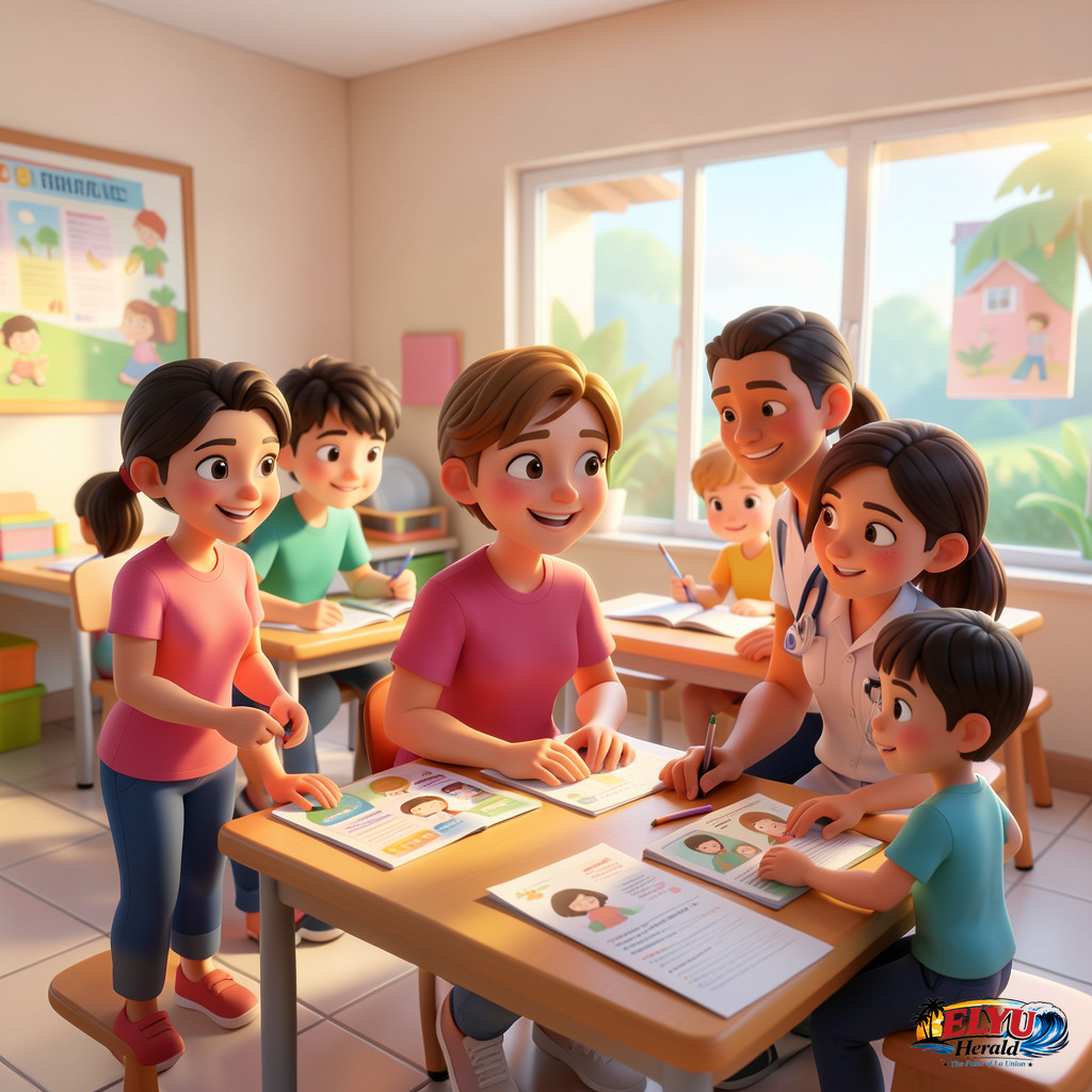 An illustration of a bright, modern community teen center in the Philippines where young students engage in skills training and read educational materials under the guidance of a local health worker.