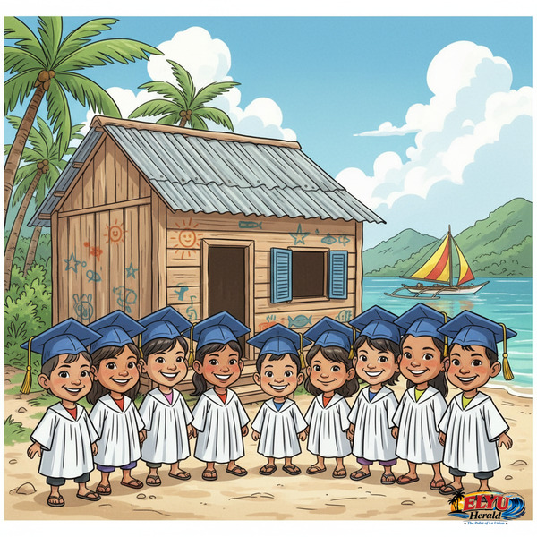 An illustration of a small school building on a remote island with young graduates.