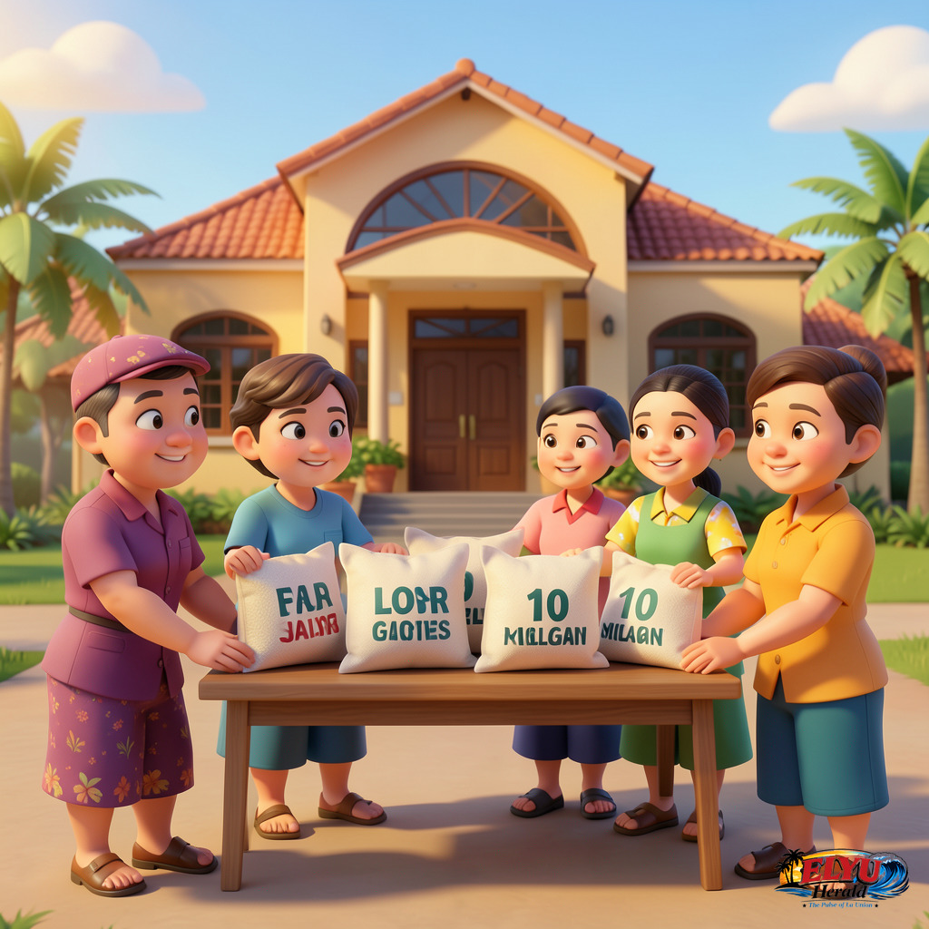 An illustration of rural residents and farmers receive labeled 10-kilogram bags of rice from community distribution tables set up in front of a municipal hall.