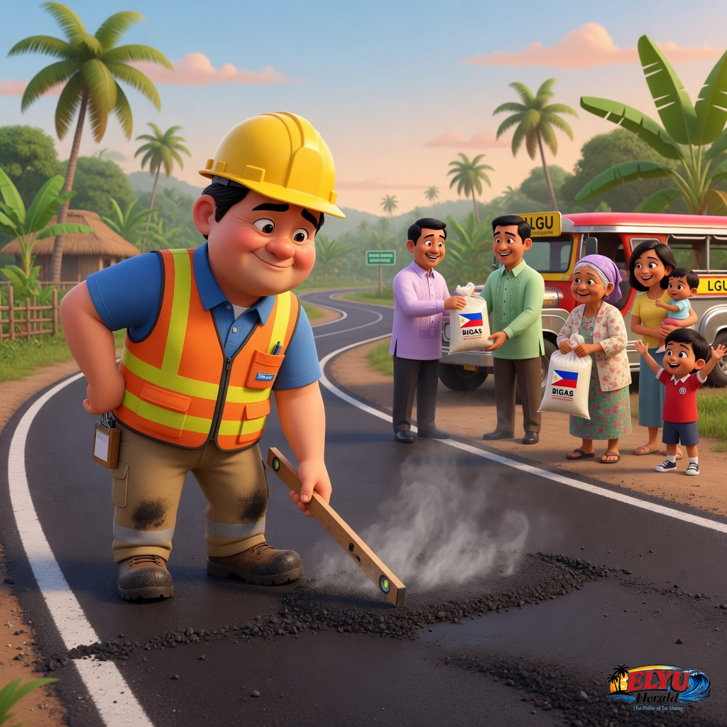 An illustration of a municipal construction worker inspecting a newly paved rural farm-to-market road while local officials distribute bags of rice to community members nearby.