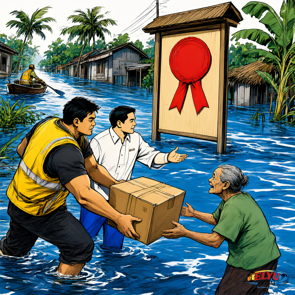 An illustration of disaster response workers handing out emergency relief supplies along a flooded street in Mangaldan, Pangasinan.