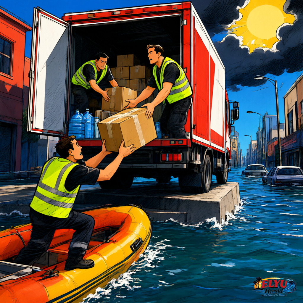 Disaster response workers in high-visibility vests unload emergency relief supplies from a truck onto small boats along a flooded street
