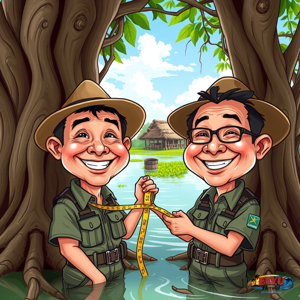 An illustration of environmental officers measuring mangrove trees